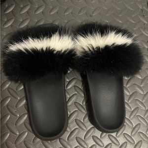 Luxurious Black and White Fur Slippers
